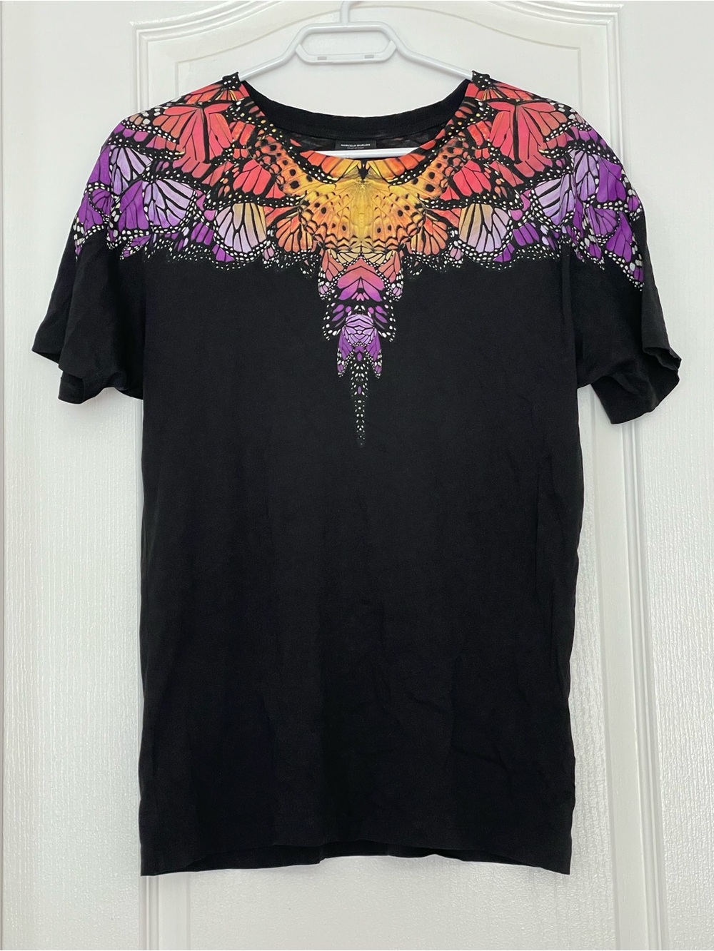 Marcelo Burlon County of Milan Black Tee with Orange-Pink-Purple Butterfly Yoke